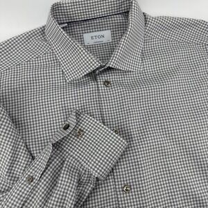 Eton Contemporary Fit Houndstooth Dress Shirt Mens 17.5 44 Grey White Cotton